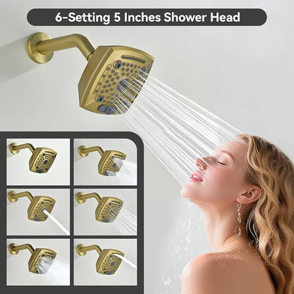 3 Handle Shower Faucet Set with Tub Spout 6-Spray Shower Head and Handle Set Shower Trim Kit with Rough-in Valve Bathroom Shower Faucet Valve Trim Kit Shower System Brushed Gold - Image 6