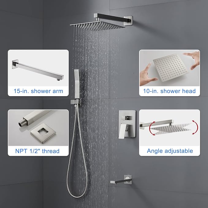 ROVOGO Bathtub Shower Faucet Set with Valve, Shower System with Tub Spout, 10-in. Rain Shower and Handheld, Square Shower Fixtures All Metal Wall Mount, Brushed Nickel - Image 4