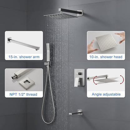 ROVOGO Bathtub Shower Faucet Set with Valve, Shower System with Tub Spout, 10-in. Rain Shower and Handheld, Square Shower Fixtures All Metal Wall Mount, Brushed Nickel - Image 4