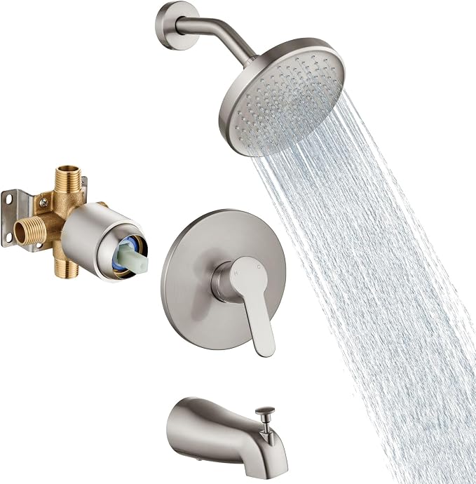 Aolemi Tub Shower Faucet Set With Valve Wall Mount Shower Trim Kit 6 Inch Bathtub Fixtures Rough-in Valve Single-Spray Shower Head System 5.3 Inch Tub Spout Brushed Nickel Modern by Aolemi