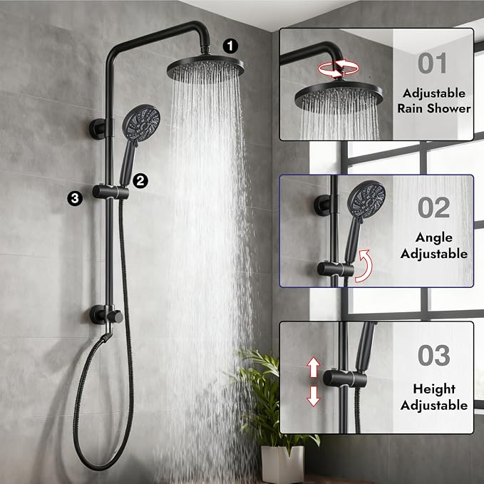 Midanya Retrofit Rain Shower System Wall Mount 8 Inch Rainfall Shower Head with 5-setting Handheld Spray Combo with Slide Bar,Matte Black - Image 6