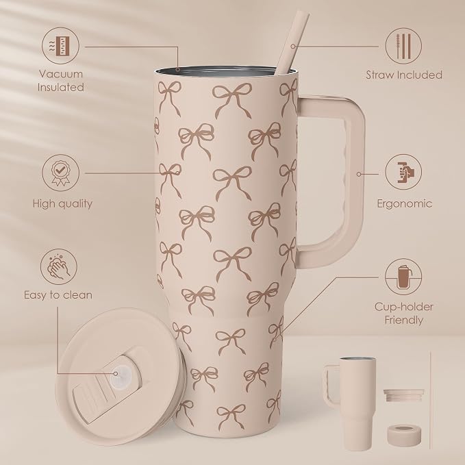 Bow Tumbler with Handle and Straw 40oz – Stainless Sleel Slider Tumbler Travel Coffee Mug for Women - Gift Idea for Birthday Christmas - Image 2