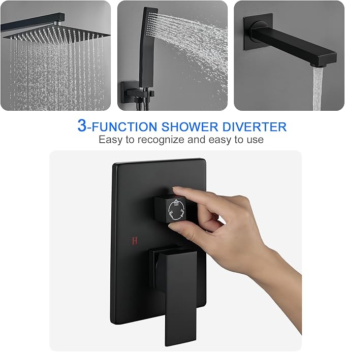 ROVOGO Bathtub Shower Faucet Set with Valve, Shower System with Tub Spout, 10-in. Rain Shower and Handheld, Square Shower Fixtures All Metal Wall Mount, Black - Image 3