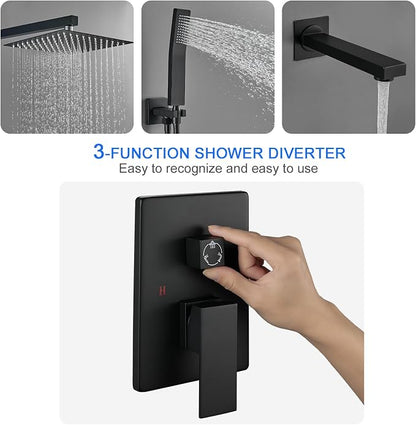 ROVOGO Bathtub Shower Faucet Set with Valve, Shower System with Tub Spout, 10-in. Rain Shower and Handheld, Square Shower Fixtures All Metal Wall Mount, Black - Image 3