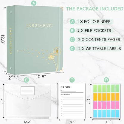 XKDOUS Document Organizer with Gold-Foiled Hardcover, 9 Pockets & Labels 3 Ring - Image 2