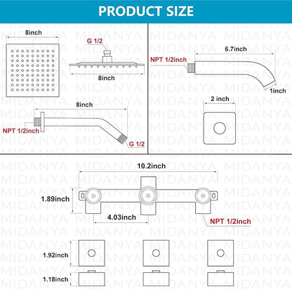 Midanya 3 Handle Tub Shower Faucet with Tub Spout,8-inch Rainfall Bathtub Rain Shower Faucet Set and Rough-in Valve Wall Mount Bathroom Trim Kit Shower System, Square Shower Head Matte Black - Image 6