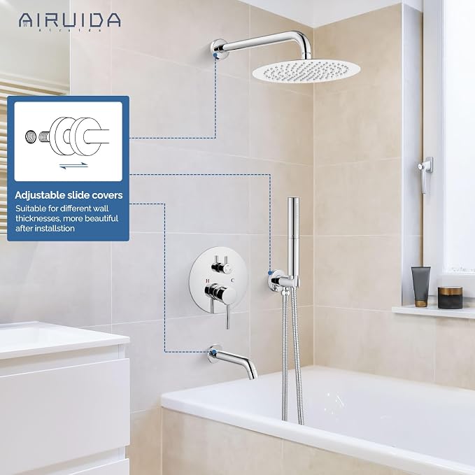 Airuida 3-Function Rain Shower System Set – Wall Mount Tub Shower Combo with Handheld Shower and Tub Spout,10 Inch Shower Head,Chrome Polish - Image 2