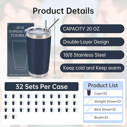 IEOVIEE 32 Pack, 20oz Stainless Steel Bulk Tumblers with Lids and Straws, Double Wall Insulated Travel Coffee Mug, Durable Powder Coated Tumbler Bulk Cup for Cold and Hot Drinks (Navy Blue) - Image 2