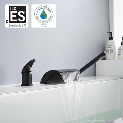 sumerain Black Roman Tub Faucet with Hand Shower High Flow Waterfall Spout with Diverter - Image 2