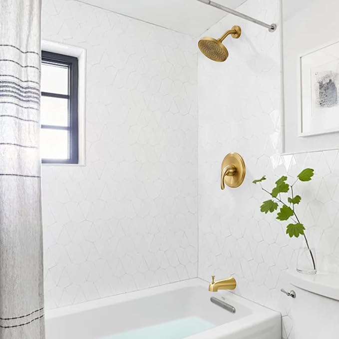Brushed Gold Shower Tub Faucet Set With Valve - Gold Shower Head and Handle Set, Shower Faucet Set With 6 Inch Rain shower Head and Tub Spout, High-Pressure Tub Shower Trim Kit - Image 7