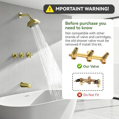 3 Handle Shower Faucet Set with Tub Spout 6-Spray Shower Head and Handle Set Shower Trim Kit with Rough-in Valve Bathroom Shower Faucet Valve Trim Kit Shower System Brushed Gold - Image 2