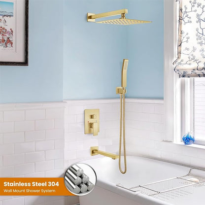 gotonovo Shower System with Tub Spout Wall Mounted Rain Shower Head and Handle Combo Shower Faucet Set with Valve, 10 Inch, Brushed Gold - Image 2