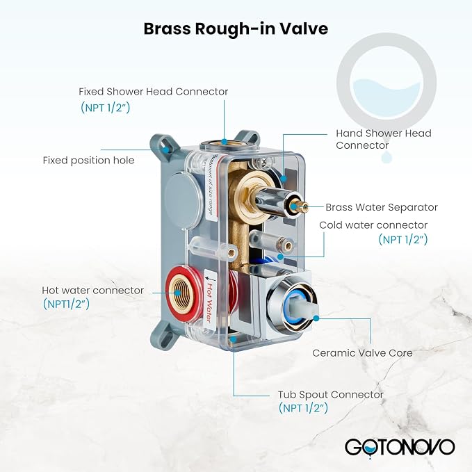 gotonovo 10'' Rain Shower Faucet System Rainfall Shower Head with Handheld Sprayer Waterfall Tub Spout Wall Mounted Mixer Combo Rough-in Valve and Trim Included 5.7 Inch Wide Spout Polished Chrome - Image 5