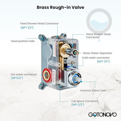 gotonovo 10'' Rain Shower Faucet System Rainfall Shower Head with Handheld Sprayer Waterfall Tub Spout Wall Mounted Mixer Combo Rough-in Valve and Trim Included 5.7 Inch Wide Spout Polished Chrome - Image 5