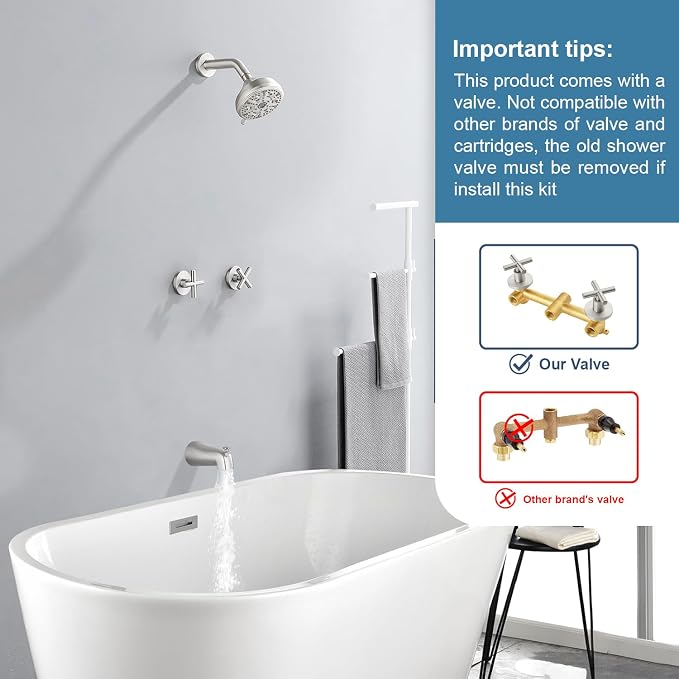 2 Handle Shower Faucet Set with Tub Spout Bathtub Shower Faucet Combo Set Shower System Complete Tub and Shower Trim Kit Brushed Nickel Wall Mounted Shower Fixtures - Image 2