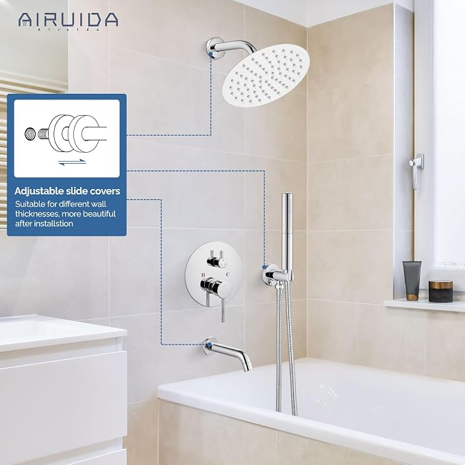 Airuida 3-Function Rain Shower System Set – Wall Mount Tub Shower Combo with Handheld Shower and Tub Spout,8 Inch Shower Head,Polished Chrome - Image 2