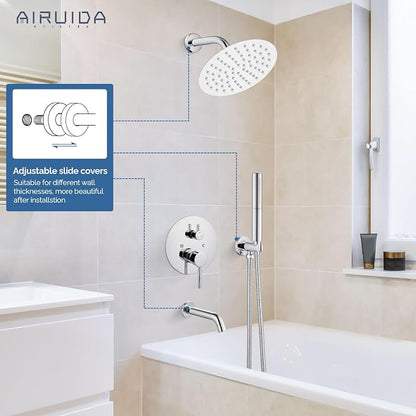 Airuida 3-Function Rain Shower System Set – Wall Mount Tub Shower Combo with Handheld Shower and Tub Spout,8 Inch Shower Head,Polished Chrome - Image 2