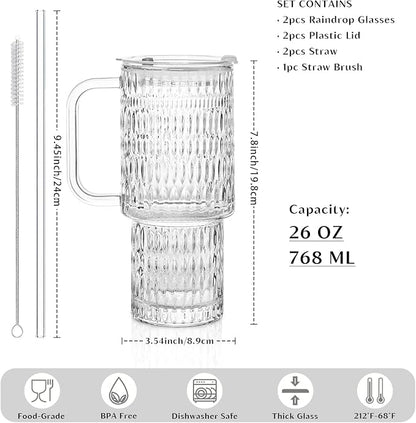 INSETLAN 26oz Raindrop Glass Tumbler with Handle and Lid, Set of 2 – Reusable Iced Coffee Cups with Lids, Clear Glass Cups with Straw for Coffee, Smoothies, Tea, Juice – Perfect for any Occasion - Image 2