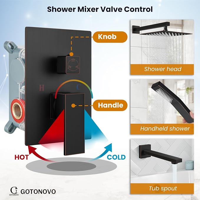 gotonovo Shower System with Tub Spout Wall Mounted Rain Shower Head and Handle Combo Shower Faucet Set with Valve, 12 Inch, Oil Rubbed Bronze - Image 3