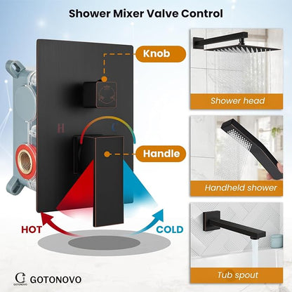 gotonovo Shower System with Tub Spout Wall Mounted Rain Shower Head and Handle Combo Shower Faucet Set with Valve, 12 Inch, Oil Rubbed Bronze - Image 3