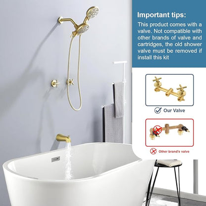 2 Handle Shower Faucet Set with Tub Spout Bathtub Shower Faucet Combo Set Shower System Complete Tub and Shower Trim Kit Brushed Gold Wall Mounted Shower Fixtures - Image 2