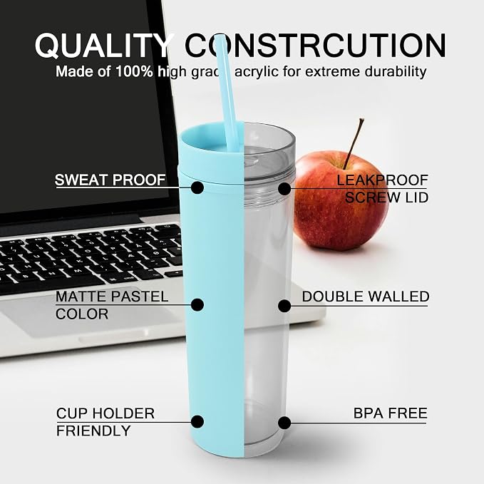 sweet grain Multicolor Skinny Tumblers with Lids and Straws(6 Pack) - 16oz Matte Pastel Colored Skinny Acrylic Tumblers, Double Wall Plastic Tall Skinny Tumblers Bulk for Cold Hot Drinks - Image 3
