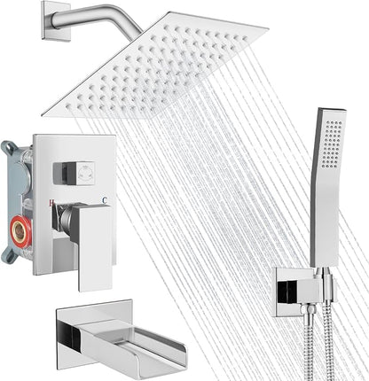 Midanya Rain Shower System Tub Shower Faucet Set Square Rainfall Waterfall Shower Head with Handheld Sprayer Tub Spout Combo Wall Mounted bathtub faucet set Rough-in Valve, 8 Inch Polish Chrome by Midanya