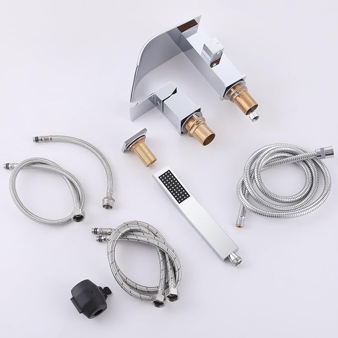 Waterfall Roman Tub Faucet with Hand Shower, Deck Mount Tub Filler Bathtub Faucet with Sprayer, Single Handle Bathtub Faucet Set, Brass Widespread 3 Hole Bathtub Shower Faucet Set, Chrome - Image 6