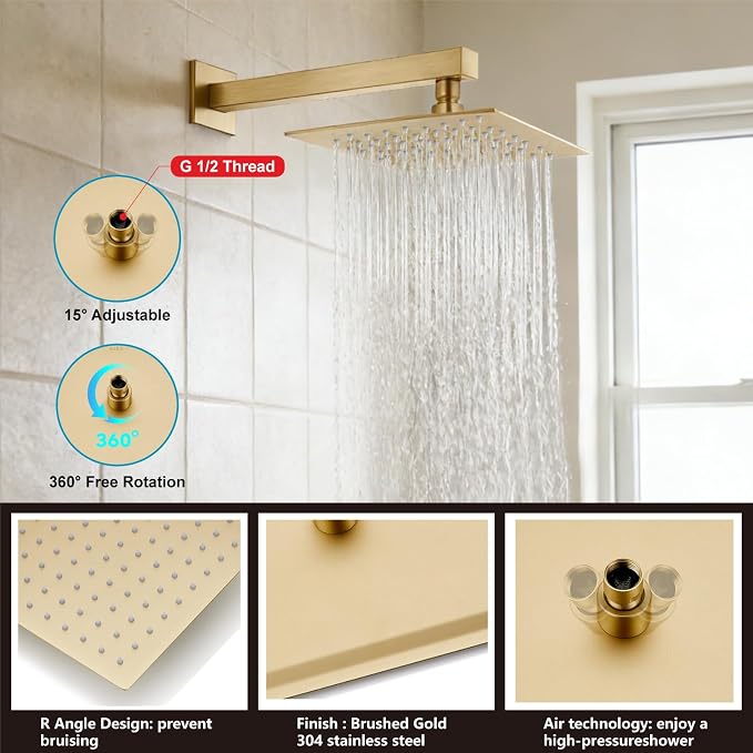 Midanya Shower System with Tub Spout,Bathtub Shower Faucet Set with Square Rainfall Head and Handheld Sprayer Wall Mount Tub Faucet Set with Valve and Trim Kit,10 Inch Brushed Gold - Image 8