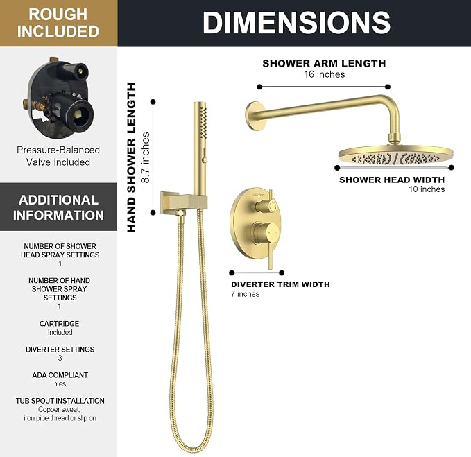 Lava Odoro Modern 2-Setting Round Rain Shower System, Gold Rainfall Shower Faucet Set Rain Shower Head and Handle Set, Shower Valve Trim Kit, 10 Inch, Brushed Gold, SF104-SG - Image 7