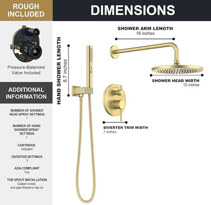 Lava Odoro Modern 2-Setting Round Rain Shower System, Gold Rainfall Shower Faucet Set Rain Shower Head and Handle Set, Shower Valve Trim Kit, 10 Inch, Brushed Gold, SF104-SG - Image 7
