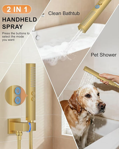 Brushed Gold Shower System with Tub Spout, Wall Mounted Bathtub Shower Faucet Set, 12" Rainfall Shower Head and Handheld Shower Combo, High Pressure Shower Fixtures Set with Rough-in Valve - Image 4