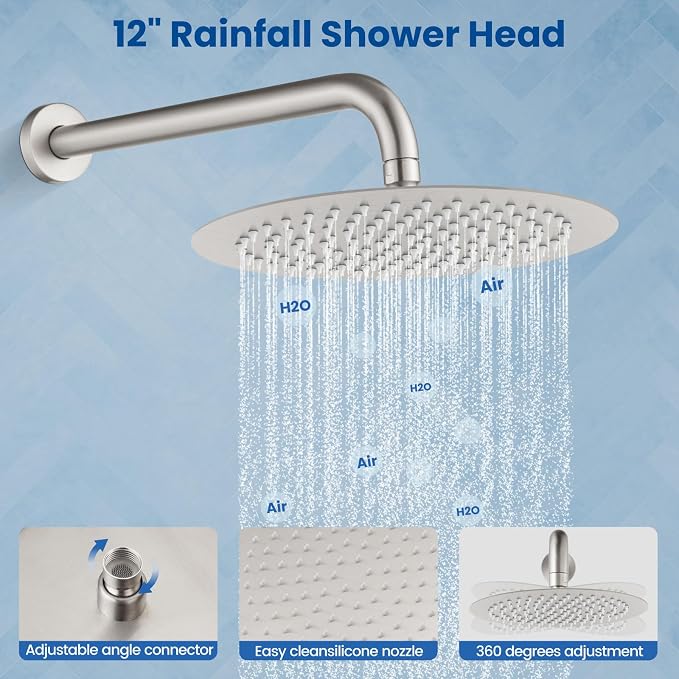 Airuida 3-Function Rain Shower System Set – Wall Mount Tub Shower Combo with Handheld Shower and Tub Spout,12 Inch Shower Head,Brushed Nickel - Image 7