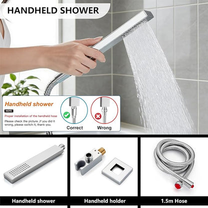 Midanya Shower System with Tub Spout,Bathtub Shower Faucet Set with Square Rainfall Head and Handheld Sprayer Wall Mount Tub Faucet Set with Valve and Trim Kit,10 Inch Polish Chrome - Image 7