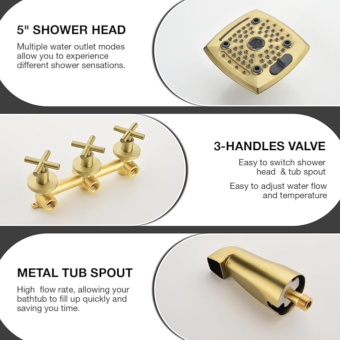 3 Handle Shower Faucet Set with Tub Spout 6-Spray Shower Head and Handle Set Shower Trim Kit with Rough-in Valve Bathroom Shower Faucet Valve Trim Kit Shower System Brushed Gold - Image 4