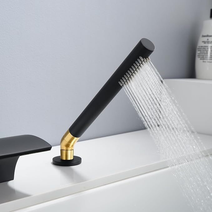 SUMERAIN Waterfall Roman Tub Faucet Deck Mount Bathtub Faucet Brass Tub Filler with Hand Shower, Black and Gold Finish - Image 8