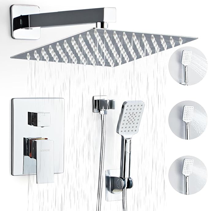 Shower System, Shower Faucet Set Complete Square Rain Shower Combo Set with 8 inch Rainfall Shower Head System Bathroom Wall Mounted 3-Setting Handheld Shower,Chrome by LCEVCGK