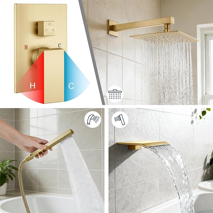 Midanya Shower System with Tub Spout,Bathtub Shower Faucet Set with Square Rainfall Head and Handheld Sprayer Wall Mount Tub Faucet Set with Valve and Trim Kit,10 Inch Brushed Gold - Image 4