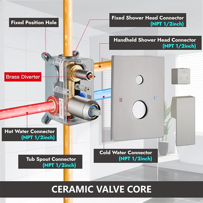 Midanya Shower System with Tub Spout,Bathtub Shower Faucet Set with Square Rainfall Head and Handheld Sprayer Wall Mount Tub Faucet Set with Valve and Trim Kit,12 Inch Brushed Nickel - Image 6