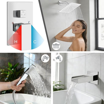 Midanya Rain Shower System Tub Shower Faucet Set Square Rainfall Waterfall Shower Head with Handheld Sprayer Tub Spout Combo Wall Mounted bathtub faucet set Rough-in Valve, 8 Inch Polish Chrome - Image 4