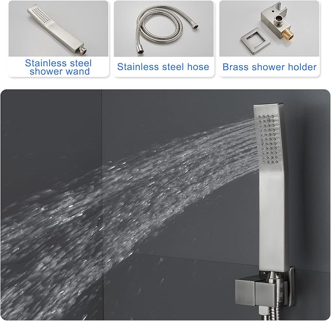 ROVOGO Bathtub Shower Faucet Set with Valve, Shower System with Tub Spout, 10-in. Rain Shower and Handheld, Square Shower Fixtures All Metal Wall Mount, Brushed Nickel - Image 5
