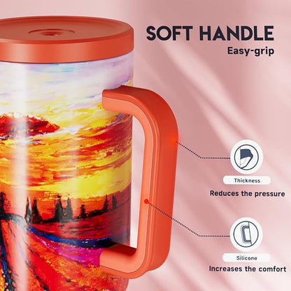 Meoky 40 oz Tumbler with Handle and Straw: Stainless Steel Insulated Tumbler with Lid and Straw - 100% Leak Proof Tumbler for Car Cup Holders - Travelers Commuters Workers, Red Floral - Image 6