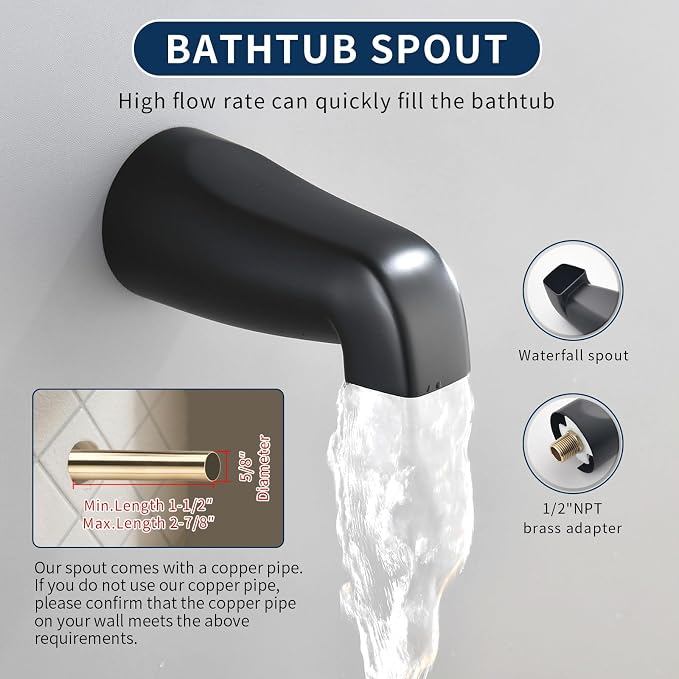 3 Handles Shower Faucet Set with Tub Spout Bathtub Shower Faucets Combo Set Shower System Complete Tub and Shower Trim Kit Shower Fixtures Matte Black - Image 6
