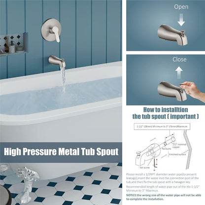 Aolemi Tub Shower Faucet Set With Valve Wall Mount Shower Trim Kit 6 Inch Bathtub Fixtures Rough-in Valve Single-Spray Shower Head System 5.3 Inch Tub Spout Brushed Nickel Modern - Image 6