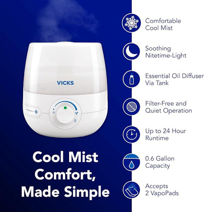 Vicks NaturalCare Cool Mist Ultrasonic Humidifier, Small Room Humidifier for Bedroom, Diffuser with Nighttime Light, Works with Vicks VapoPads, White - Image 2