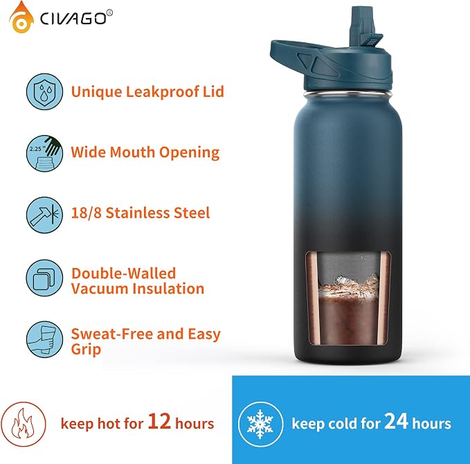 CIVAGO 40 oz Insulated Water Bottle With Straw, Stainless Steel Sports Water Cup Flask with 3 Lids (Straw, Spout and Handle Lid), Double Walled Travel Thermal Canteen Mug, Dark Night - Image 3