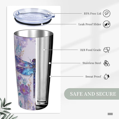 Dragonfly Tumbler with Lid and Straw 20oz Vacuum Insulated Coffee Cup Stainless Steel Tumblers Leakproof Travel Mug Present for Women Men - Image 3
