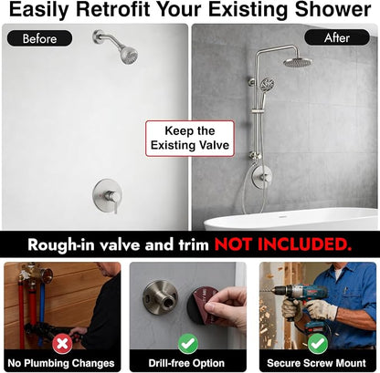 Midanya Retrofit Rain Shower System Wall Mount 8 Inch Rainfall Shower Head with 5-setting Handheld Spray Combo with Slide Bar,Brushed Nickel - Image 5