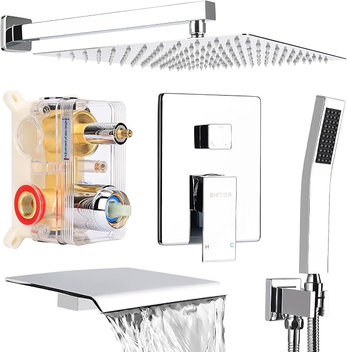 Wall Mounted Shower Faucet Set, Shower System with Tub Spout, 10 Inch Rainfall Shower Head with Handheld Spray, Waterfall Tub Spout Bathtub Faucet, Chrome by BetterQualityBetterLife