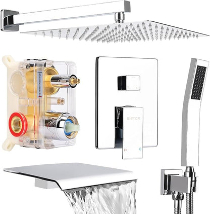 Wall Mounted Shower Faucet Set, Shower System with Tub Spout, 10 Inch Rainfall Shower Head with Handheld Spray, Waterfall Tub Spout Bathtub Faucet, Chrome by BetterQualityBetterLife